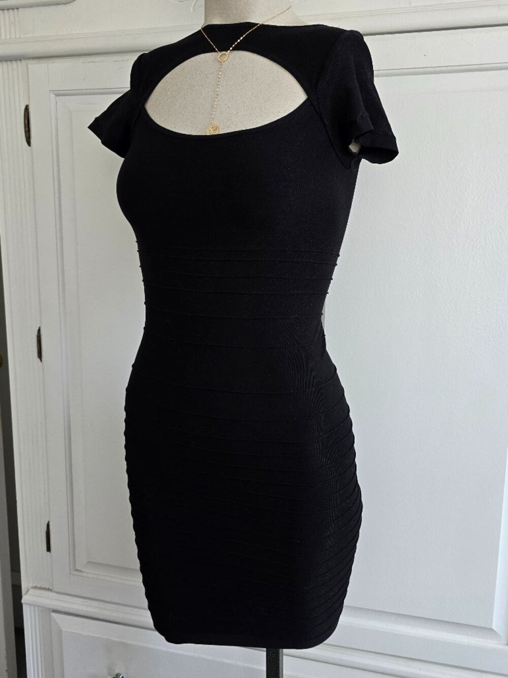 bebe black ribbed cutout mini dress, size p/s p/p